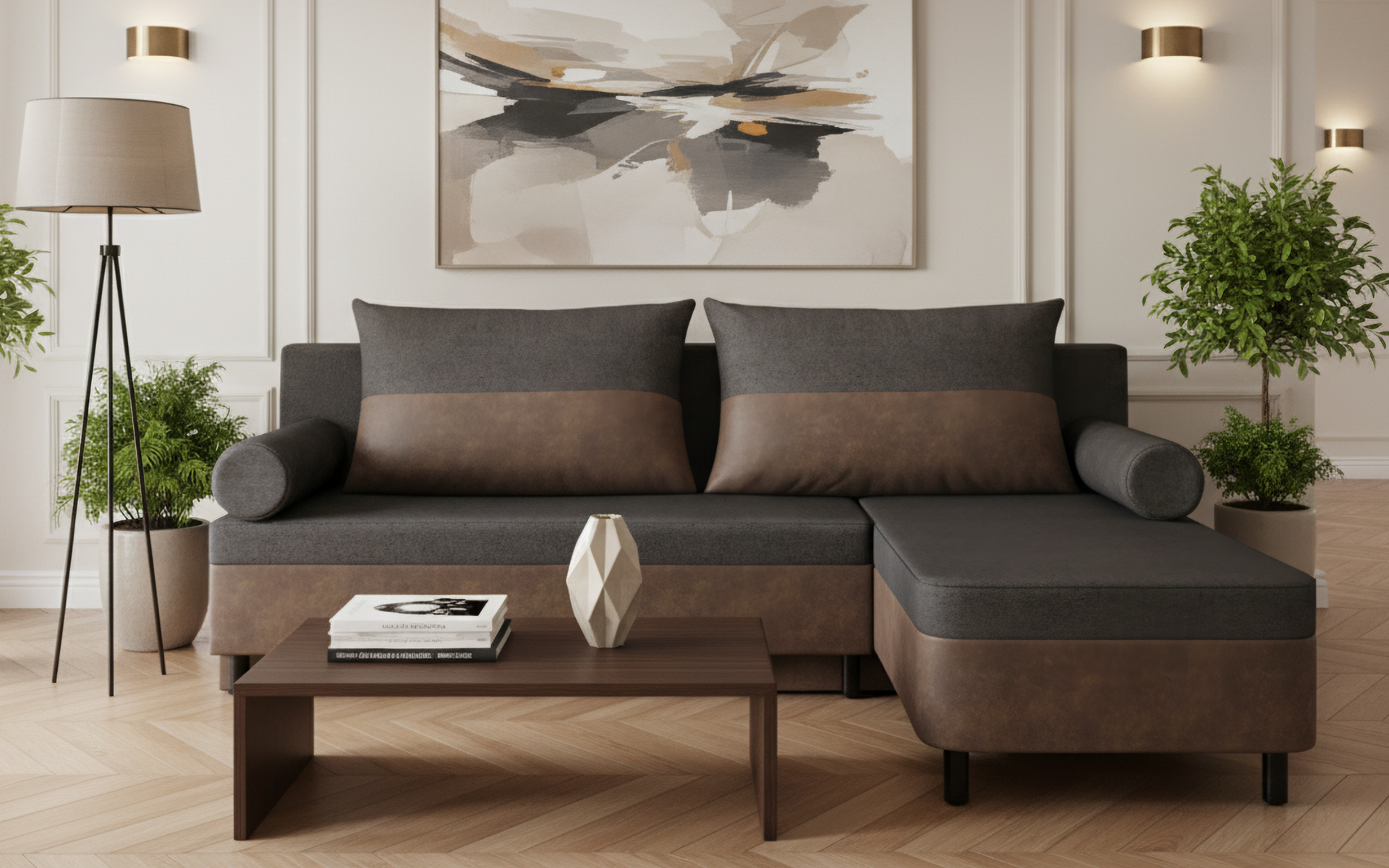 Extendable corner sofa Real, dark grey + brown  1